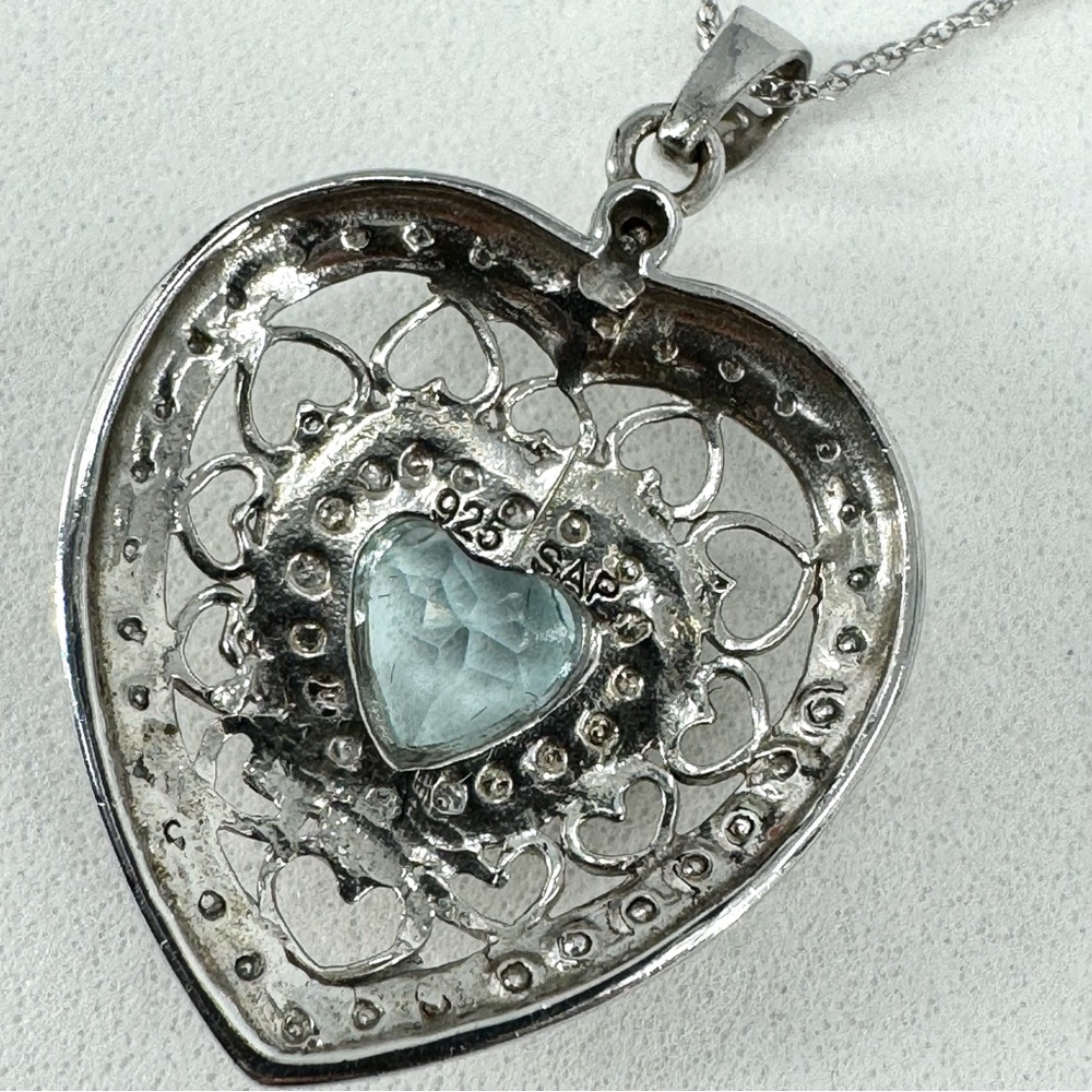 10K WG/925 Filigree Blue Topaz Heart Pendant Necklace - Picture 14 of 16